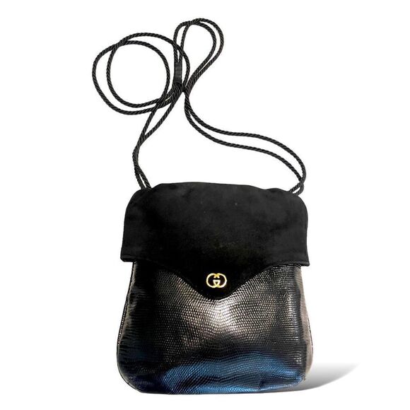 GUCCI Vintage Suede & Lizard Crossbody Bag with GG Motif - Picture 1 of 14